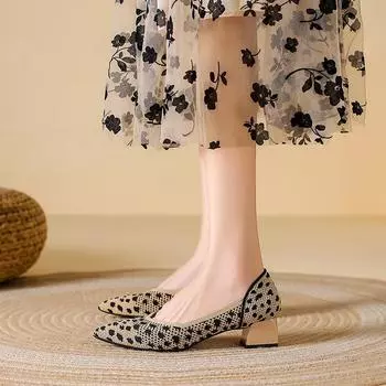 2025 Новые вязаные туфли на высоком каблуке для женщин, модные неглубокие дышащие полые женские туфли-одиночки с цветными блоками Zapatos Mujer 35