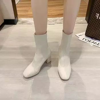 2025 новые высокие каблуки тонкие сапоги средние каблуки короткие сапоги носки сапоги эластичные сапоги женские носки сапоги на толстом каблуке вязаные квадратные сапоги осень 35