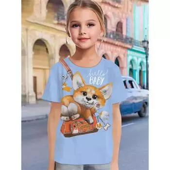 2025 Новые забавные футболки с 3D-принтом животных и кошек для девочек, модные праздничные топы с короткими рукавами, повседневные футболки, одежда для девочек 100cm