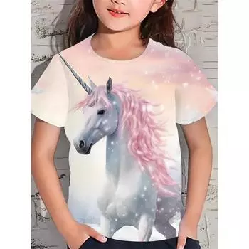 2025 Новые забавные футболки с 3D-принтом для девочек с животными, модные праздничные футболки с короткими рукавами, повседневные футболки, одежда для девочек 100