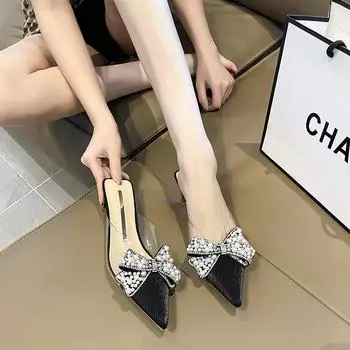 2025 новые заостренные стразы с бантом из прозрачного мешка на голове босоножки носить толстый каблук полутапочки летняя женская обувь 35 чёрный