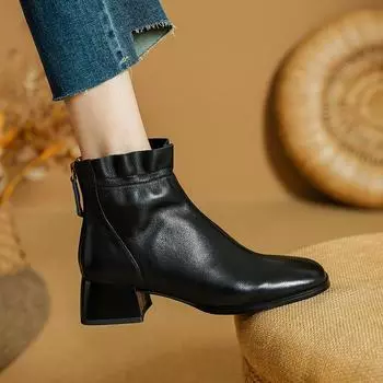 2025 Новые женские ботильоны размера 34-40, эластичные ботинки из мягкой кожи с ремешками на массивном высоком каблуке, зимние повседневные офисные туфли для платья 34 чёрный