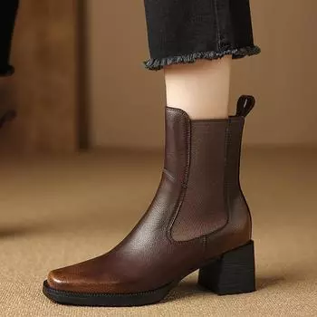 2025 Новые женские ботинки из спилковой кожи с квадратным носком и эластичной резинкой на толстом высоком каблуке, осенне-зимние ботильоны для офиса и дам 34 чёрный