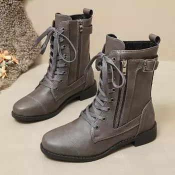 2025 новые женские ботинки Martin большого размера с круглым носком, толстым каблуком, ремешком, боковой молнией, однотонные, низкие 36 чёрный