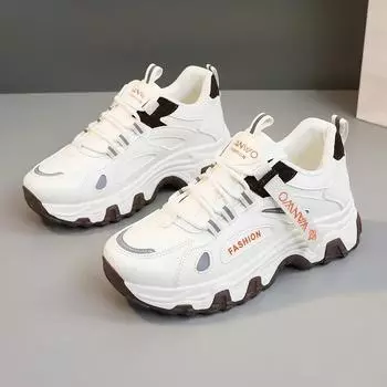 2025 Новые женские кроссовки Осень Зима Теплые Удобные Массивные Беговые Спортивные Туфли Модные На шнуровке На танкетке Повседневные Вулканизированные Туфли 35 бежевый