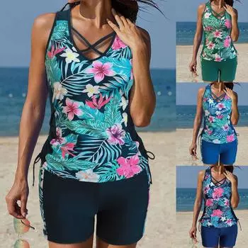 2025 Новые женские купальники танкини 2 шт. танкини топы бикини комплект принтованные купальники для женщин топы купальный костюм S чёрный