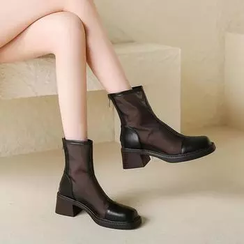 2025 Новые женские летние сапоги с квадратным носком и очень высоким каблуком, однотонные, модные, солнцезащитные, с молнией сзади, удобные, с сеткой до щиколотки 34 чёрный