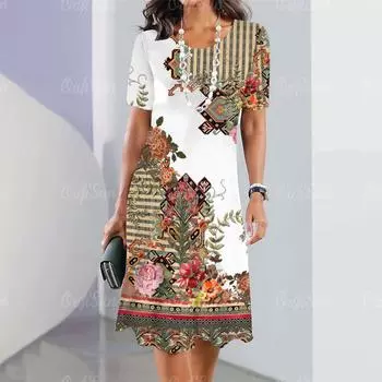 2025 Новые женские платья с принтом в стиле барокко Летнее элегантное платье Женские платья с коротким рукавом Модная одежда больших размеров XXXL