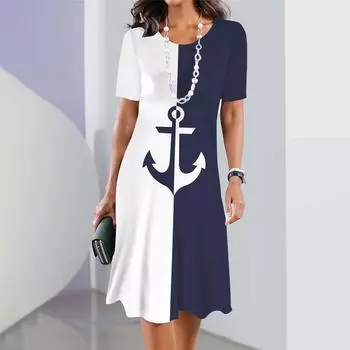 2025 Новые женские платья с принтом якоря Платья миди для отпуска Женские элегантные платья Летнее платье с коротким рукавом Модные платья больших размеров S