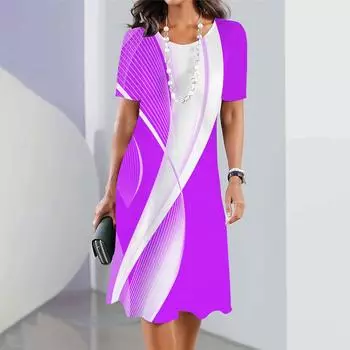 2025 Новые женские платья в полоску с принтом Летнее элегантное платье Женские платья с коротким рукавом Модная одежда больших размеров L
