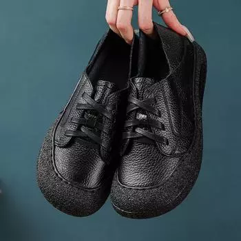 2025 Новые женские повседневные туфли с круглым носком на шнуровке из мягкой кожи - весна и осень, износостойкие плоские подошвы 41 чёрный