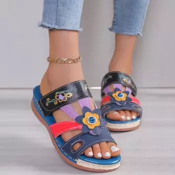 2025 новые женские сандалии большого размера тотем цвета, соответствующие этническому стилю цветы ретро на толстой подошве классные тапочки 35 зелёный