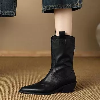 2025 Новые женские туфли, сапоги, осенняя рабочая мода, элегантные ретро-роскошные туфли на высоком каблуке с шипами на носке, из натуральной кожи, сапоги до середины голени 34 чёрный