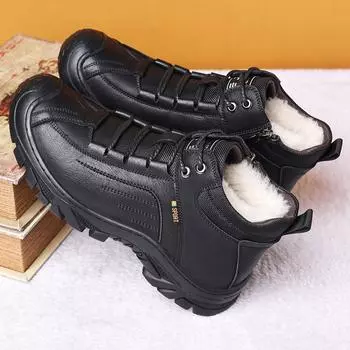2025 новые зимние мужские хлопковые ботинки шерстяные теплые высокие утолщенные хлопковые ботинки большого размера нескользящие зимние ботинки кожаные ботинки мужские 38 чёрный