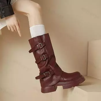 2025 Новые зимние панк-сапоги на толстом каблуке с пряжкой для верховой езды, модные уличные сапоги до колена для мотоциклистов, обувь для женщин 35 бежевый