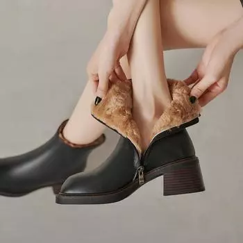 2025 Новые зимние теплые шерстяные меховые женские ботильоны из натуральной кожи высокого качества с квадратным носком для офиса и леди, женские зимние ботинки 34 чёрный