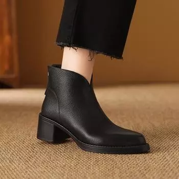 2025 Новые зимние теплые шерстяные женские сапоги Ботильоны из натуральной кожи Короткие офисные туфли-лодочки на толстом высоком каблуке Сексуальные туфли с острым носком 34 чёрный