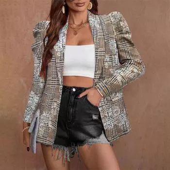 2025 Новый элегантный плиссированный свободный пиджак с длинными рукавами для женщин S хаки