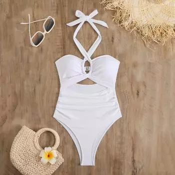 2025 новый бикини однотонный сексуальный слитный купальник бикини с высокой талией женский купальник S чёрный