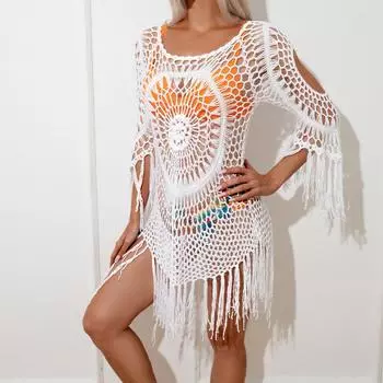 2025 новый бикини с длинными рукавами трикотажная пляжная блузка женская крючком вязаная юбка купальник в стиле ins one size fits all белый