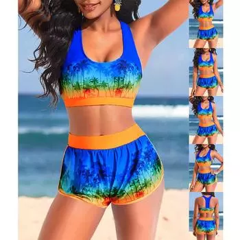 2025 Новый бикини сексуальный пляжный купальник женский летний модный дизайн принтованный купальник бикини комплект женский двухсекционный купальник S синий