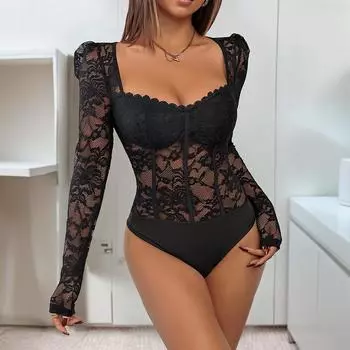 2025 Новый европейский и американский комбинезон с квадратным воротником и кружевом, весна-осень, черный S чёрный