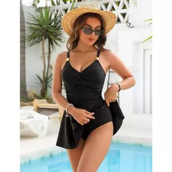 2025 Новый европейский и американский сексуальный однотонный цельный тонкий и тонкий купальник с юбкой и вырезом цельный купальник для плавания S чёрный