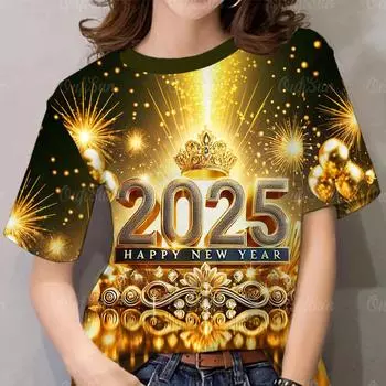 2025 Новый год 3D Печатные женские футболки Милая футболка с рисунком для женщин Летняя мода Уличная футболка Топы с круглым вырезом Короткие рукава S
