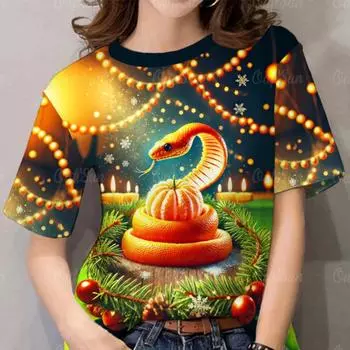 2025 Новый год 3D Печатные женские футболки Милая футболка с рисунком для женщин Летняя мода Уличная футболка Топы с круглым вырезом Короткие рукава S