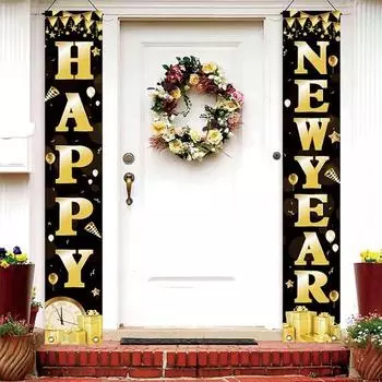2025 Новый год Дверной баннер Уличный С Новым годом Передний крыльцо Знак Праздничный Настенный декор для двери для вечеринок Домашние принадлежности чёрный