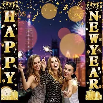 2025 Новый год Дверной баннер Уличный С Новым годом Передний крыльцо Знак Праздничный Настенный декор для двери для вечеринок Домашние принадлежности чёрный