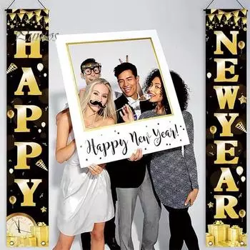 2025 Новый год Дверной баннер Уличный С Новым годом Передний крыльцо Знак Праздничный Настенный декор для двери для вечеринок Домашние принадлежности чёрный