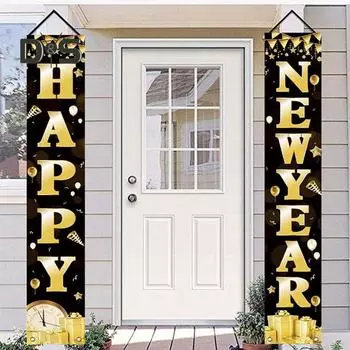 2025 Новый год Дверной баннер Уличный С Новым годом Передний крыльцо Знак Праздничный Настенный декор для двери для вечеринок Домашние принадлежности чёрный