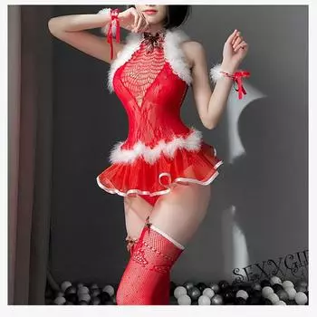 2025 Новый год Красный Новый Секс Нижнее Белье Униформа Соблазн Новый год День Оленя Плюшевый Сексуальный Цельный Комплект Сетчатой Одежды average size [80-65kg]