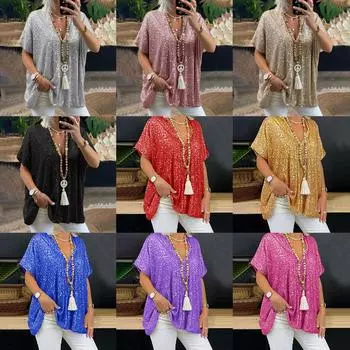 2025 новый городской повседневный цветной свободный свитер с короткими рукавами, расшитый блестками, футболка с V-образным вырезом, женская одежда S серебряный