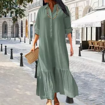 2025 новый хлопок и лен длинный нерегулярный воротник рубашки пуговицы повседневное платье женщины S хаки