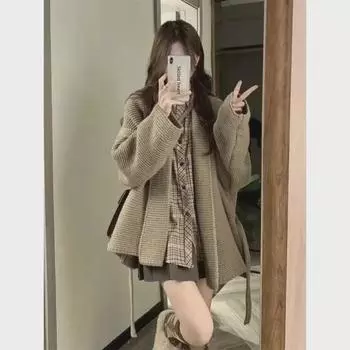 2025 Новый корейский стиль женский весенний трикотажный жакет, рубашка и плиссированная юбка комплект S