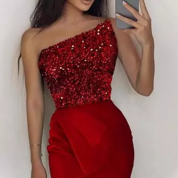 2025 новый красный топ-труба с блестками, сексуальное модное платье без рукавов, вечернее платье средней длины S красный