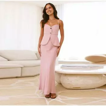 2025 Новый кружевной лоскутный топ и длинная юбка комплекты однобортный топ с высокой талией обтягивающая юбка летние женские комплекты 2 шт. S розовый