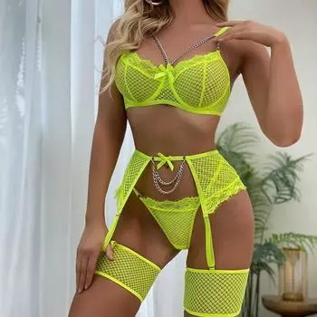 2025 новый кружевной сетчатый перспективный сексуальный костюм с цепочкой, женское нижнее белье с уплотненной талией S