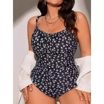 2025 новый купальник бикини больших размеров слитный женский сексуальный цветочный принт бикини купальники пляжная одежда танкини 0XL чёрный