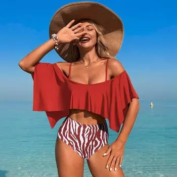 2025 новый купальник бикини нейлон большой лист лотоса раздельный купальник S чёрный