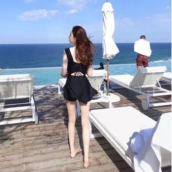 2025 новый купальник женский консервативный раздельный купальник тонкий купальник для живота купальник с юбкой для горячего источника M чёрный