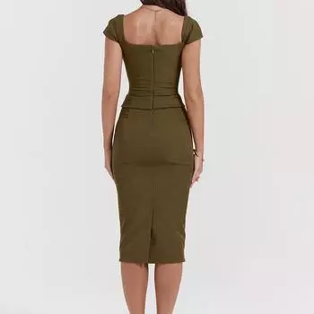 2025 новый квадратный воротник высокая талия однотонный тонкий французский поддельный два профессиональных сексуальных бедра юбка XS