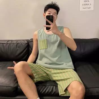 2025 новый летний комплект пижам для отдыха для мужчин в полоску с эластичной резинкой на талии для мальчиков, майки и шорты, мягкая пижама, домашняя одежда L