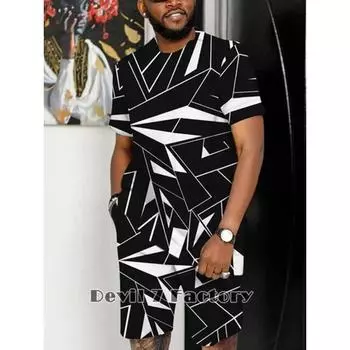 2025 Новый летний повседневный модный мужской комплект футболок и шорт с креативным узором, 3D-печатный мужской костюм с короткими рукавами и шортами XS
