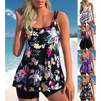 2025 Новый летний женский обычный танкини пляжный комплект монокини купальники купальники из двух частей купальники модный принт танкин S чёрный