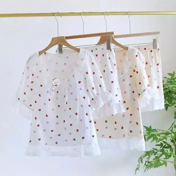 2025 Новый летний женский пижамный комплект из 100% хлопка с короткими рукавами и нагрудными накладками, два предмета одежды, свободный, для дома, для женщин M