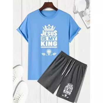 2025 Новый мужской повседневный костюм с принтом Иисуса, короткий рукав и повседневные шорты, двухкомпонентный летний повседневный спортивный костюм для пробежек и вечеринок 4XL