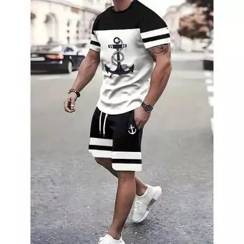 2025 Новый мужской повседневный модный костюм Мужской трендовый спортивный костюм Быстросохнущая спортивная одежда Футболка с короткими рукавами + шорты Из двух частей S